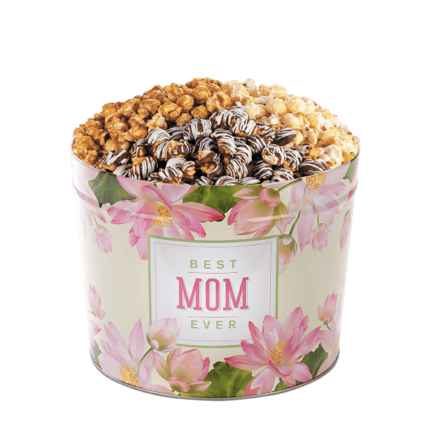 A picture of a Best Mom Ever 2-Gallon Tin Premium Assortment t with gourmet popcorn flavored with Caramel Corn, Zebra® Popcorn and Kettle Corn.