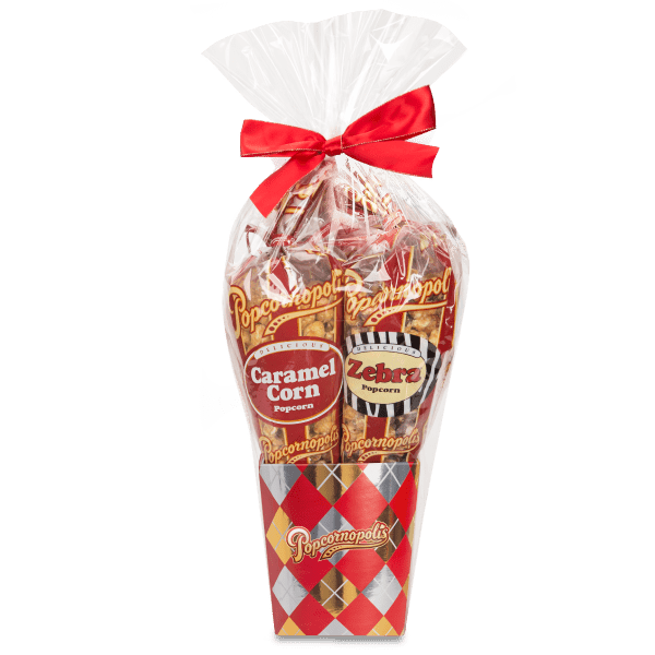 A picture of a 4-cone argyle gift basket gourmet popcorn. With flavors showing Caramel Corn and Zebra® Popcorn.