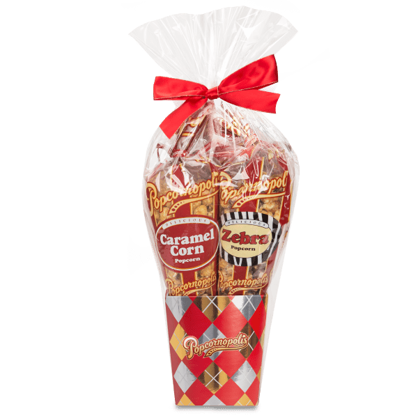 A picture of a 4-cone argyle gift basket gourmet popcorn. With flavors showing Caramel Corn and Zebra® Popcorn.