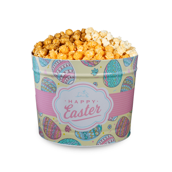 A picture of gourmet popcorn. An Easter 2-Gallon Tin Classic Assortment flavored with Caramel Corn, Cheddar Cheese and Kettle Corn.