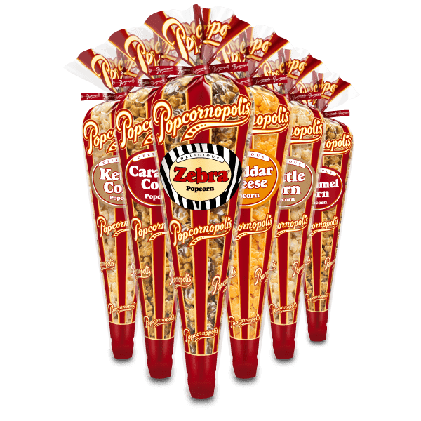 A picture of six gourmet regular cones flavored Caramel Corn, Kettle Corn, Cheddar Cheese, and Zebra® gourmet popcorn flavors.