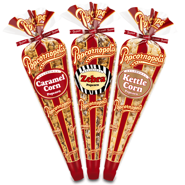 A picture of three gourmet regular cones flavored Caramel Corn, Kettle Corn, and Zebra® popcorn flavors.
