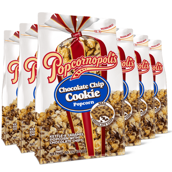 six Pouches of Popcornopolis® Chocolate Chip Cookie gourmet popcorn