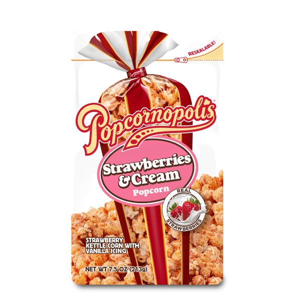 Pouch of Popcornopolis® Strawberries and Cream gourmet popcorn