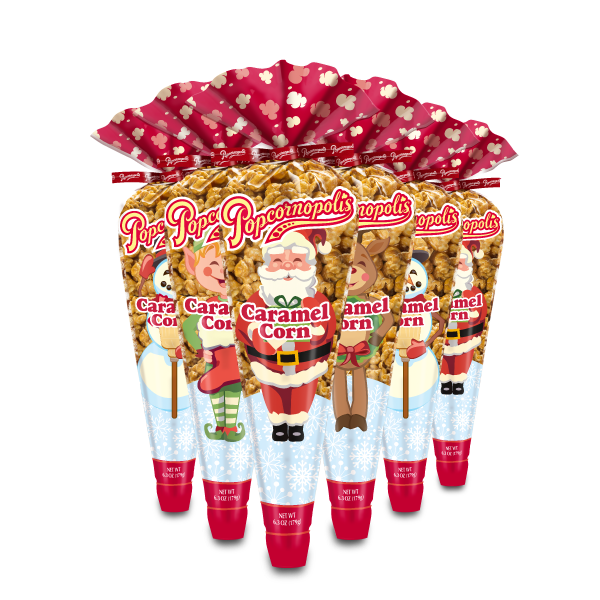 Group of Santa and Friends tall cones. Characters include santa claus, elf, reindeer, and snowman.