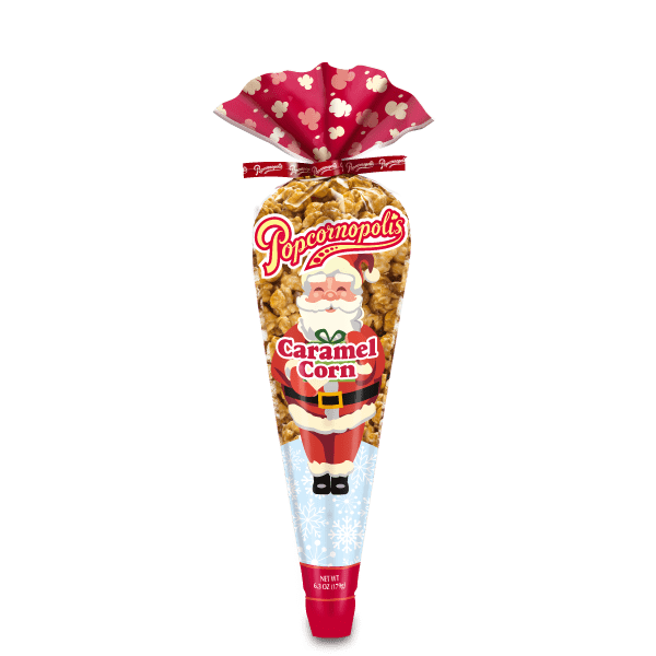 A picture of a tall cone Caramel Corn gourmet popcorn flavor with Santa Claus on it.