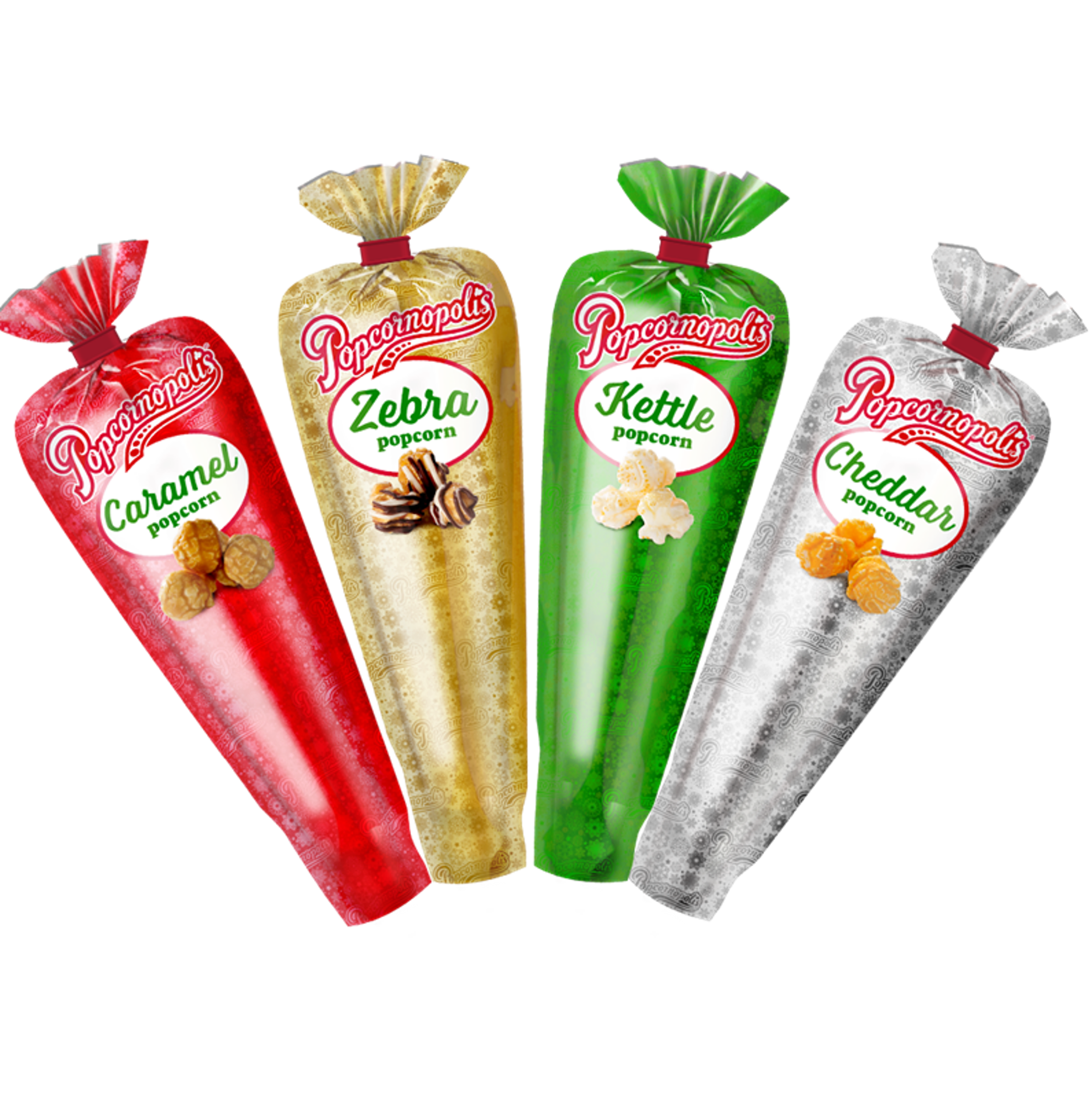 Pictured assorted 4 types of Mini Cones with Metallix holiday packaging flavors include Caramel, Cheddar, Kettle, and Zebra with chocolate and white chocolate.