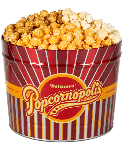 2 Gallon tin with cheddar cheese, caramel corn and kettle flavored gourmet popcorn