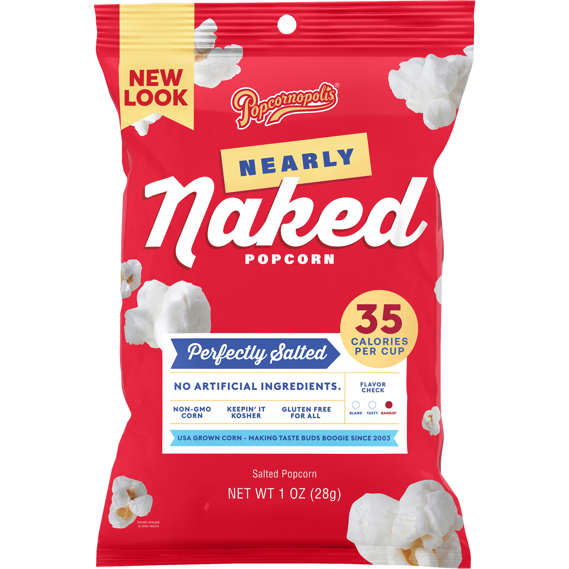 Pictured gourmet popcorn Nearly Naked bag 1.0 oz flavored Perfectly Salted. NNPS PLP Hero Silo 01