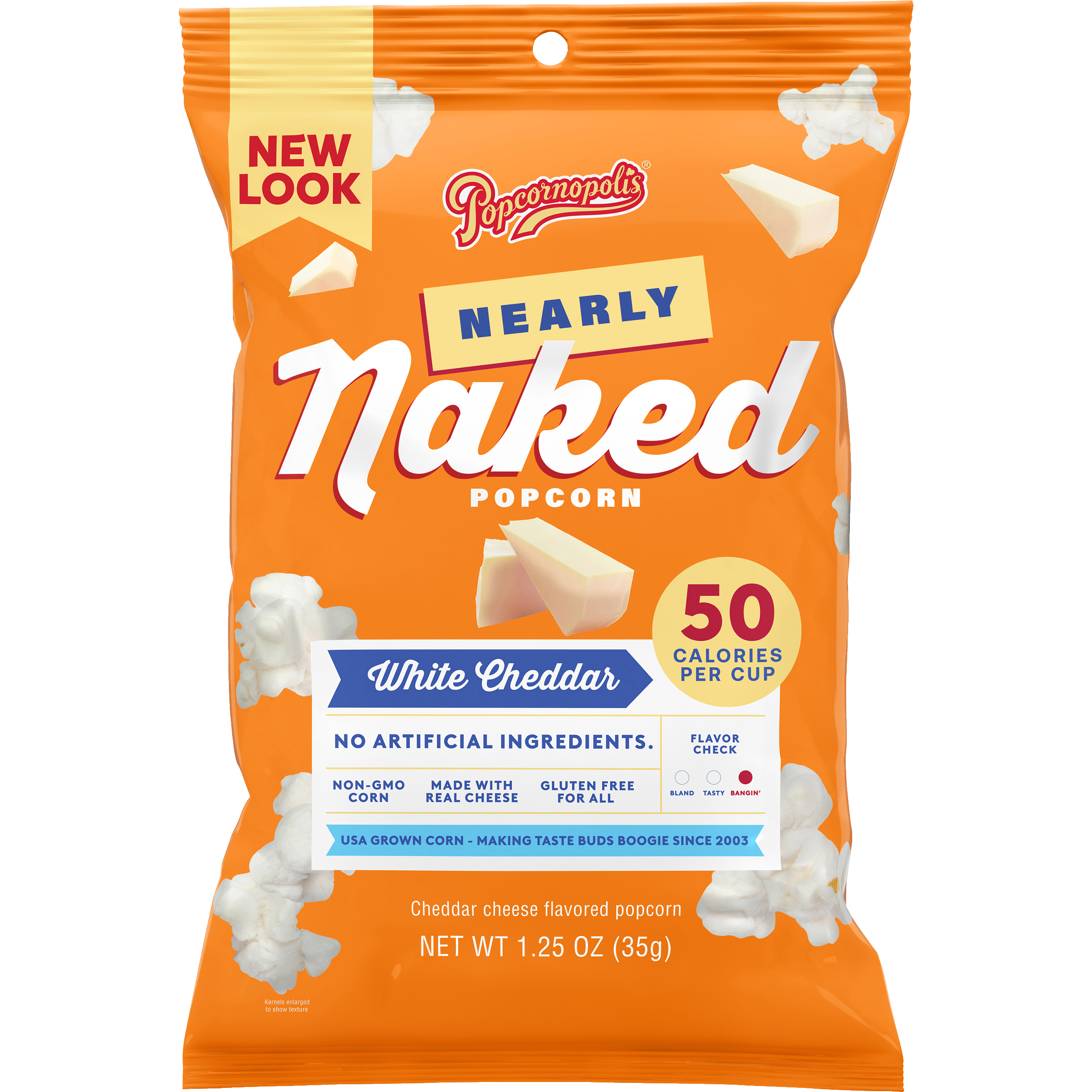 Pictured gourmet popcorn Nearly Naked bag 4.5 oz flavored White Cheddar Cheese. NNWC PDP Hero Silo 01