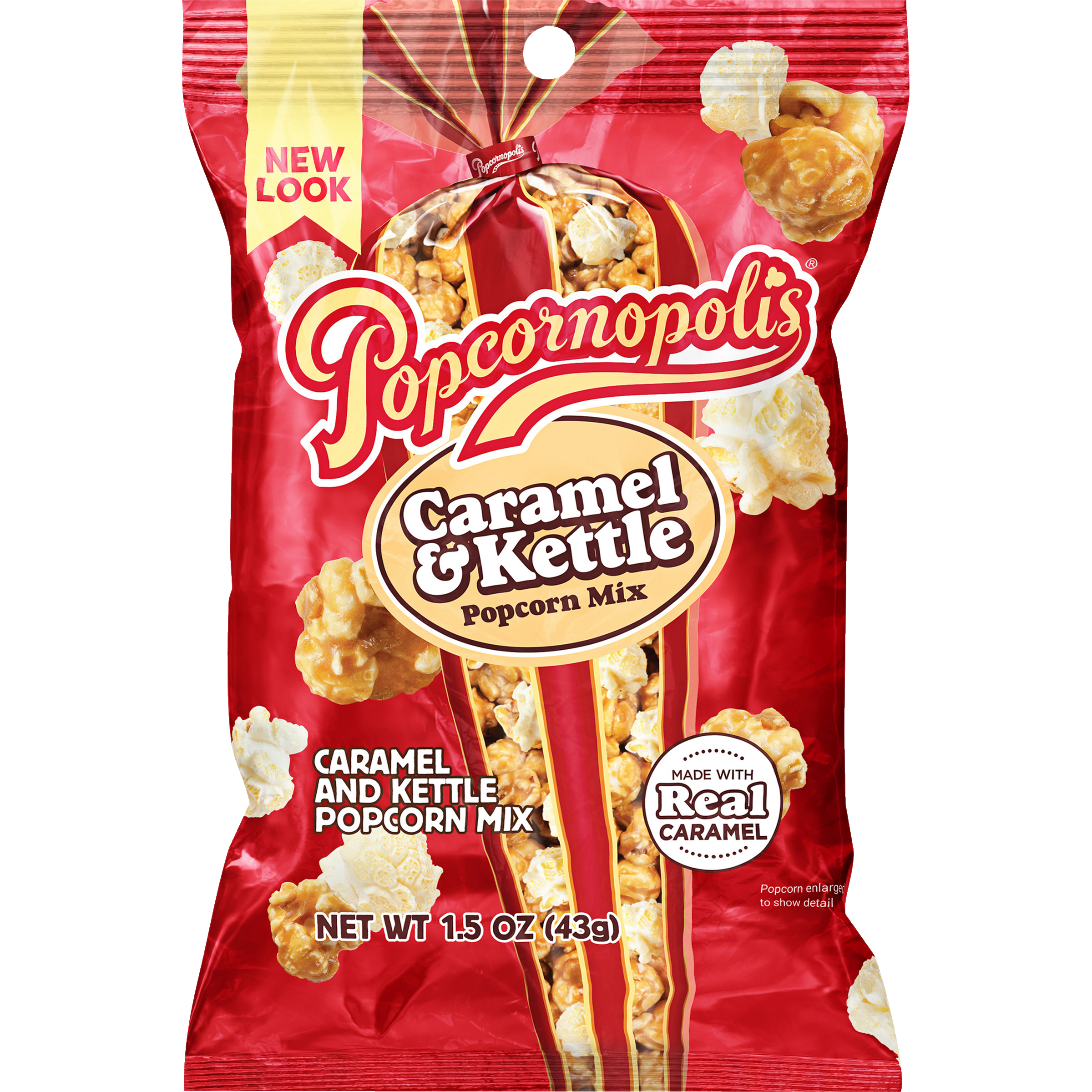 Pictured of a 1.5 oz bag of gourmet popcorn flavored Caramel & Kettle popcorn. Caramel and kettle popcorn bag 946783 Caramel Kettle 1 5