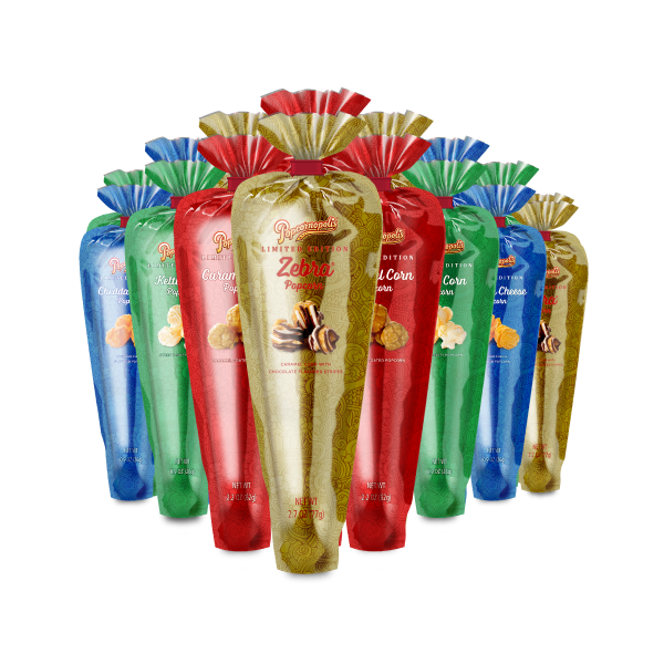 A picture of a group of metallic mini cones in Caramel Corn (red), Kettle Corn (green), Cheddar Cheese (blue), and Zebra® (gold) gourmet popcorn flavors.