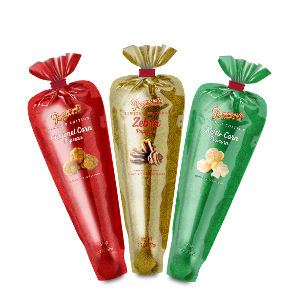 Picture of three metallic mini cones in Caramel Corn (red), Kettle Corn (green) and Zebra® (gold) gourmet popcorn flavors.