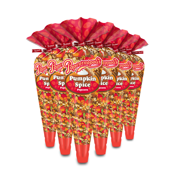 Picture of 6 tall cone of Pumpkin Spice flavored gourmet popcorn.