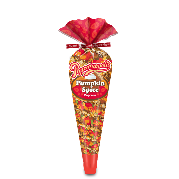 Tall cone of pumpkin spice flavored gourmet popcorn