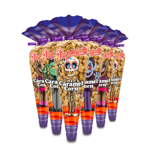 Picture of gourmet popcorn, Group of six Halloween tall cones. Characters include skeleton, vampire, werewolf, and monster.