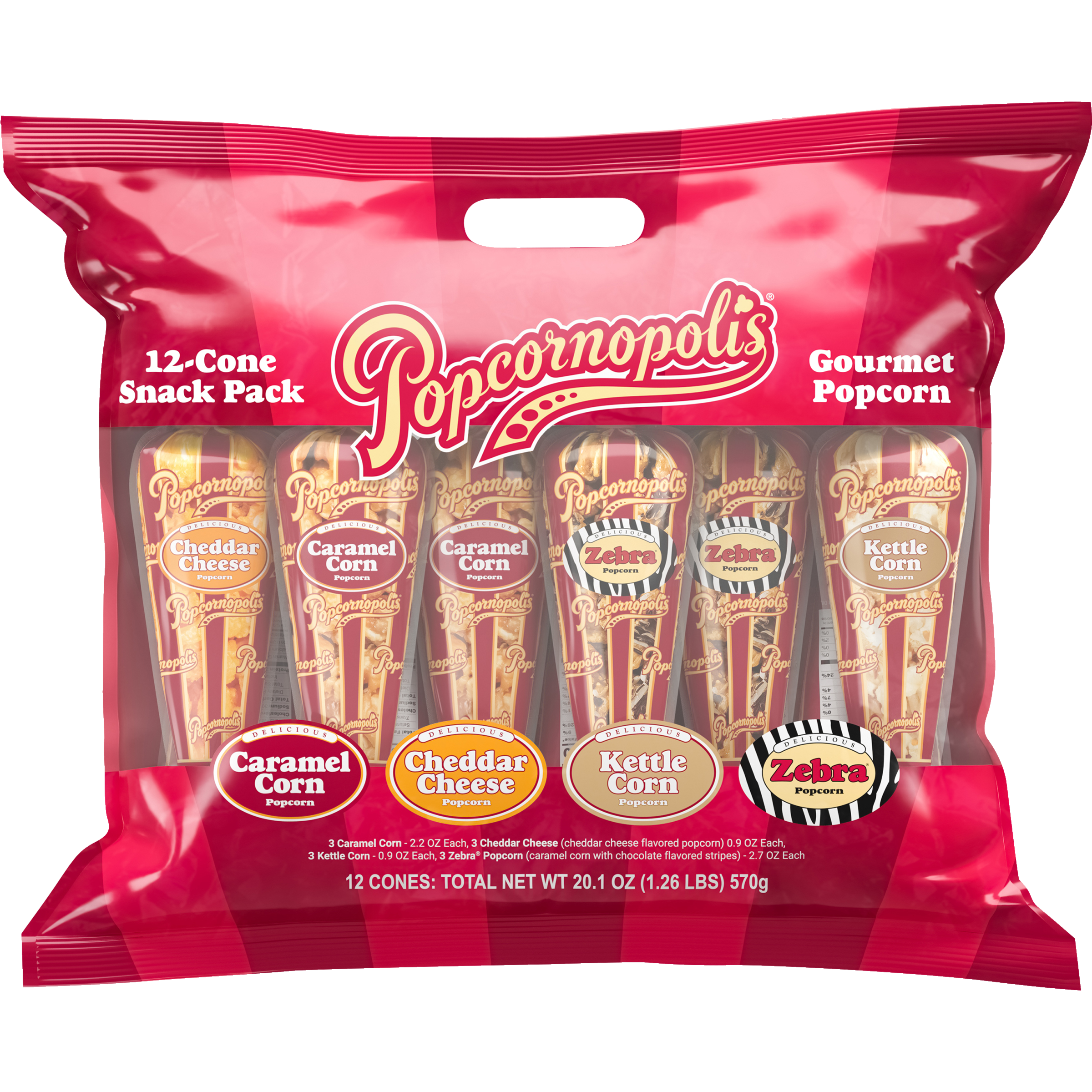947601 Gourmet popcorn 12 cone total NET 20.0 oz snack pack assorted variety. Pictured flavored of 2 mini cones of Zebra® Popcorn, 1 mini cone of Cheddar Cheese Popcorn, 2 mini cones of Caramel Corn Popcorn, and 1 mini of Kettle Corn Popcorn. Each pack includes 3 mini cones of each flavor. 00815196010296 A1N1