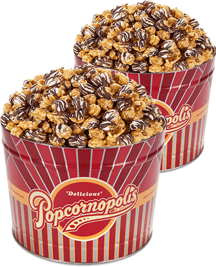 Picture of 2 of the Classic Stripe 2-Gallon Tins with gourmet popcorn flavored with Zebra® Popcorn.