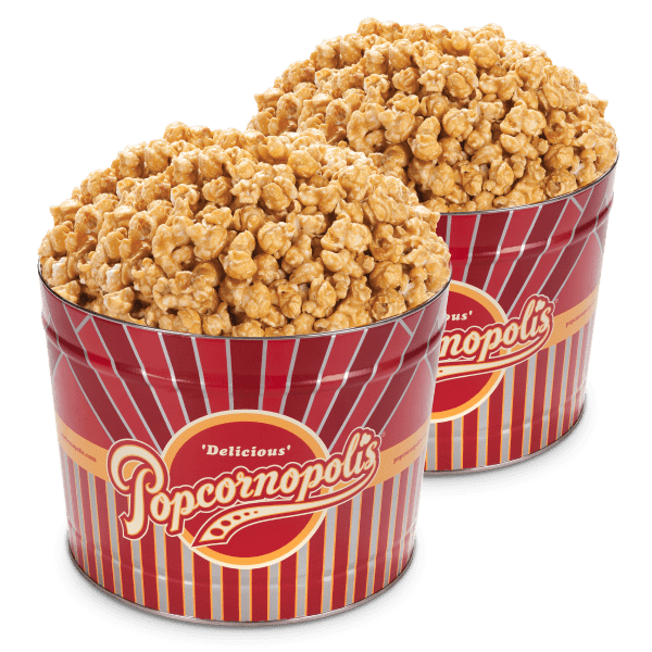 Picture of 2 of the Classic Stripe 2-Gallon Tins with gourmet popcorn flavored with Caramel Corn.