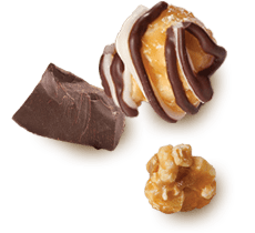 A picture of two kernels, one flavored Double Drizzle, topped with white chocolate and dark chocolate and chuck of chocolate. Gourmet popcorn.