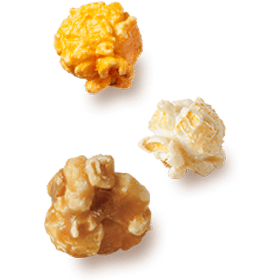 A picture of three kernels. Flavored Caramel Corn, Kettle Corn, and Cheddar Cheese.