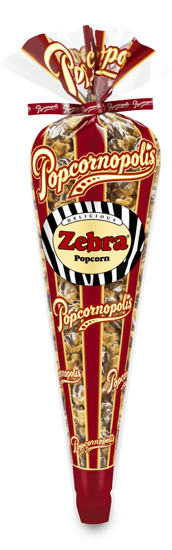 Picture of a gourmet mini cone flavored Zebra® Popcorn cone with white and dark chocolatey drizzle.