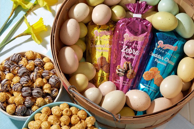 Mini Spring Metallic cones with basket of small eggs bowl of gourmet kernels