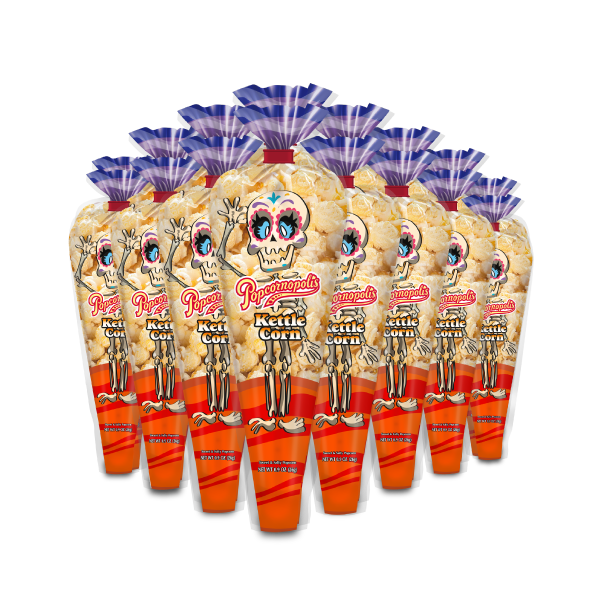 Kettle Corn mini cones with a skeleton on the front