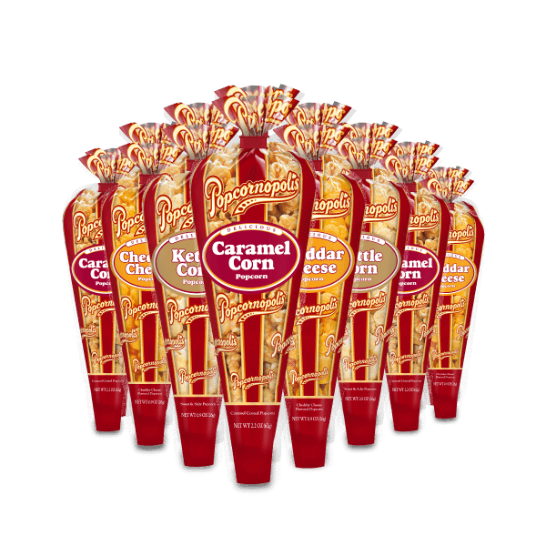 Pictured of gourmet popcorn. 8 minis popcorn cones. 3 Caramel Corn, 2 Kettle Corn and 3 Cheddar Cheese. Caramel Kettle Cheddar MiniConeC24 ClassicStripe Caramel PDP Hero Silo 01
