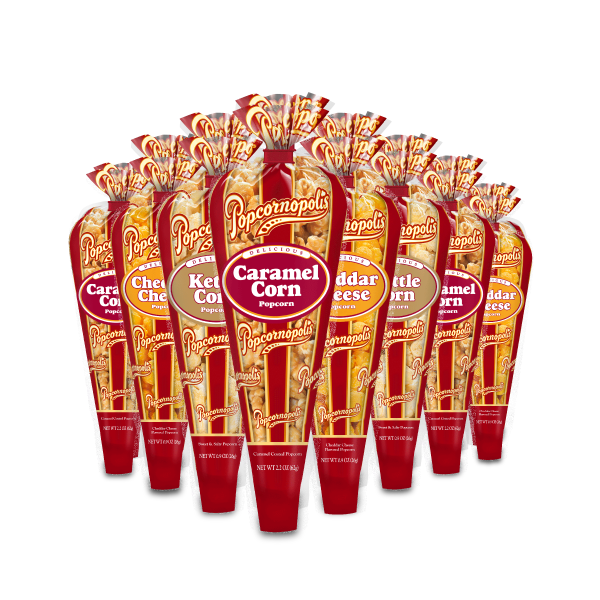 Pictured of gourmet popcorn. 8 minis popcorn cones. 3 Caramel Corn, 2 Kettle Corn and 3 Cheddar Cheese. Caramel Kettle Cheddar MiniConeC24 ClassicStripe Caramel PDP Hero Silo 01