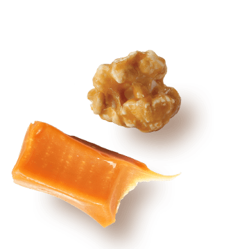 A picture of a kernel flavored Caramel next to a chuck of caramel.