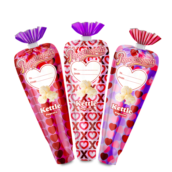 3 Gourmet Kettle Mini Cone popcorn in to: From: Valentine's Day Metallic Packaging