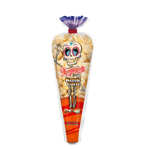 Single Kettle Corn mini cone with a skeleton on the front