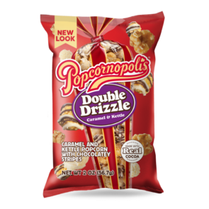 Pictured of a 2 oz bag of gourmet popcorn flavored Double Drizzle, caramel & Kettle popcorn. Topped with chocolatey white and dark Double Drizzle. Double Drizzle bag