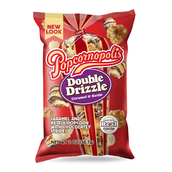 Pictured of a 2 oz bag of gourmet popcorn flavored Double Drizzle, caramel & Kettle popcorn. Topped with chocolatey white and dark Double Drizzle. Double Drizzle bag