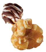 Picture of a gourmet kernel flavored Caramel and Zebra® Popcorn topped with white chocolate and dark chocolate.