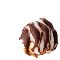 Picture of a gourmet kernel flavored Zebra® Popcorn topped with white chocolate and dark chocolate.