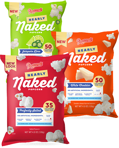 Pictured 3 bags Net 4.5 OZ. Gourmet popcorn. Nearly Naked popcorn bag flavored with Jalapeno Lime, Nearly Naked popcorn bag of flavored with Perfectly Salted, Nearly Naked popcorn bag of flavored with White Cheddar. Homepage Seasonal Image Nearly Naked