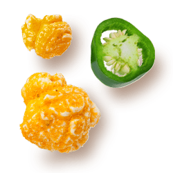 Jalapeno Cheddar kernel of gourmet popcorn and sliced jalapeno