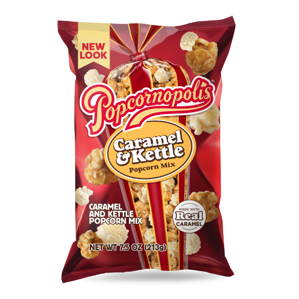 Pictured of a 7.5 oz bag of gourmet popcorn flavored Caramel & Kettle popcorn. Caramel and kettle popcorn bag