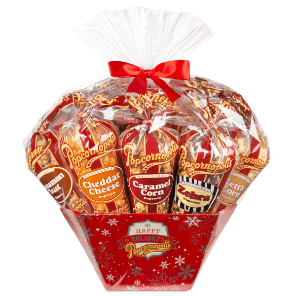 Picture of 12 cones of gourmet popcorn in a 