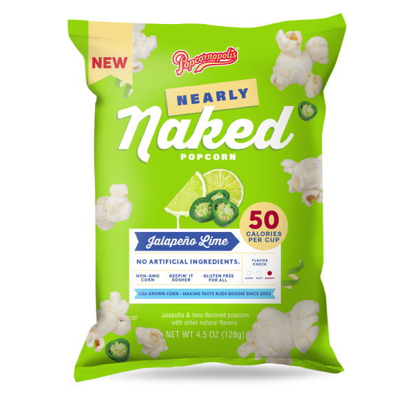 Pictured gourmet popcorn Nearly Naked bag 4.5 oz flavored Jalapeno Lime. NNJL PDP Hero Silo 01