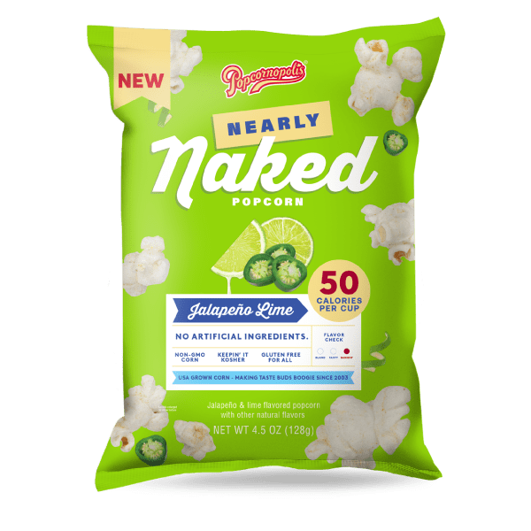 Pictured gourmet popcorn Nearly Naked bag 4.5 oz flavored Jalapeno Lime. NNJL PDP Hero Silo 01