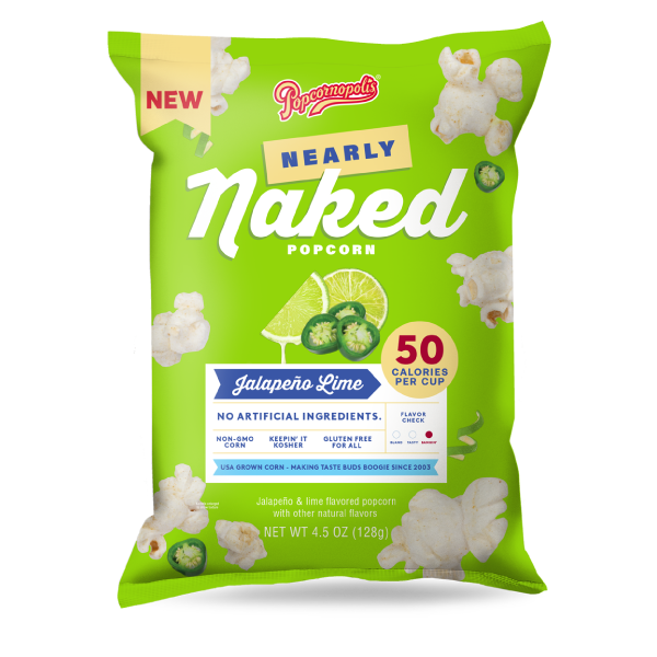 Pictured of gourmet popcorn Nearly Naked bag 4.5 oz flavored Jalapeno Lime. NNJL PLP Hero Silo 01