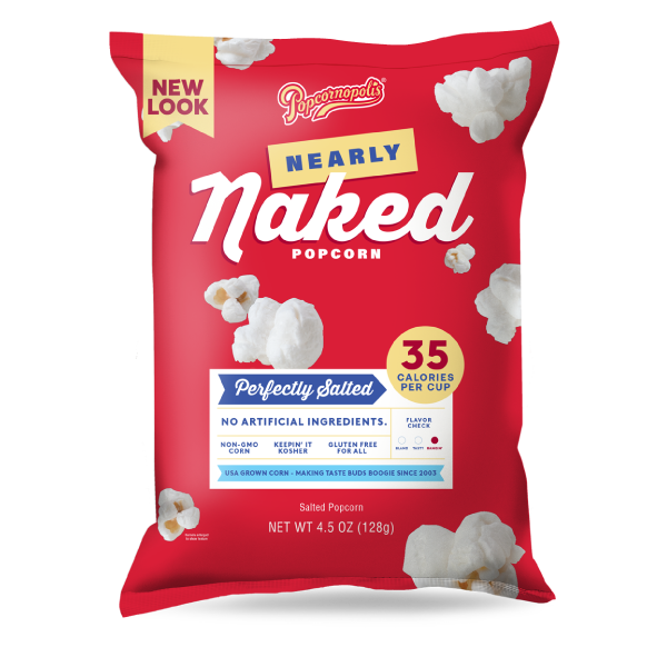 Pictured gourmet popcorn Nearly Naked bag 4.5 oz flavored Perfectly Salted. NNPS PDP Hero Silo 01 1