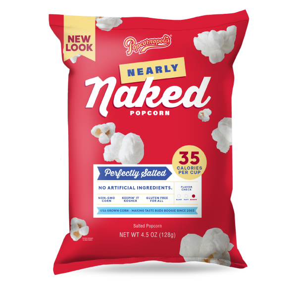Pictured gourmet popcorn Nearly Naked bag 4.5 oz flavored Perfectly Salted. NNPS PLP Hero Silo 01