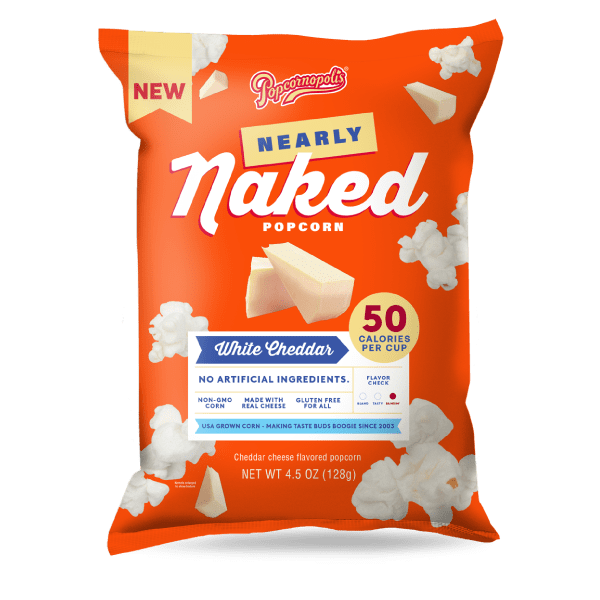 Pictured gourmet popcorn Nearly Naked bag 4.5 oz flavored White Cheddar Cheese. NNWC PDP Hero Silo 01