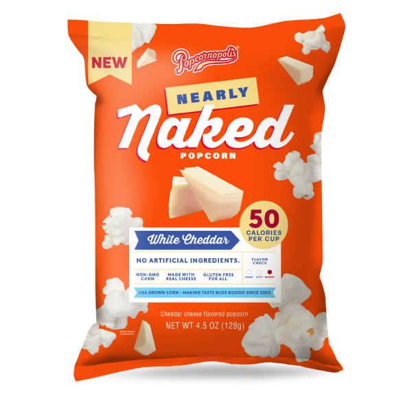 Pictured gourmet popcorn Nearly Naked bag 4.5 oz flavored White Cheddar Cheese. NNWC PLP Hero Silo 01