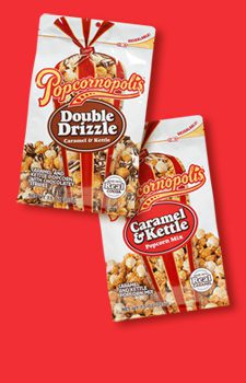 A picture of two gourmet pouches flavored with Caramel & Kettle and Double Drizzle. With red background.
