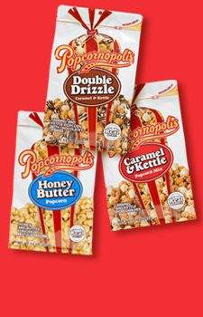 A picture of three gourmet pouches flavored with Caramel & Kettle, Honey Butter and Double Drizzle. With red background.
